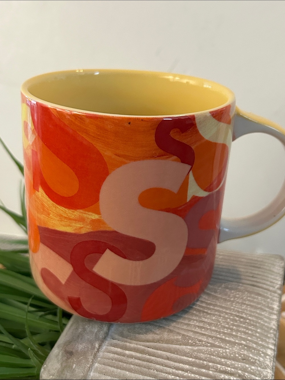 Anthropologie Lottie Monogram Mug "S" Initial Multicolor with yellow interior